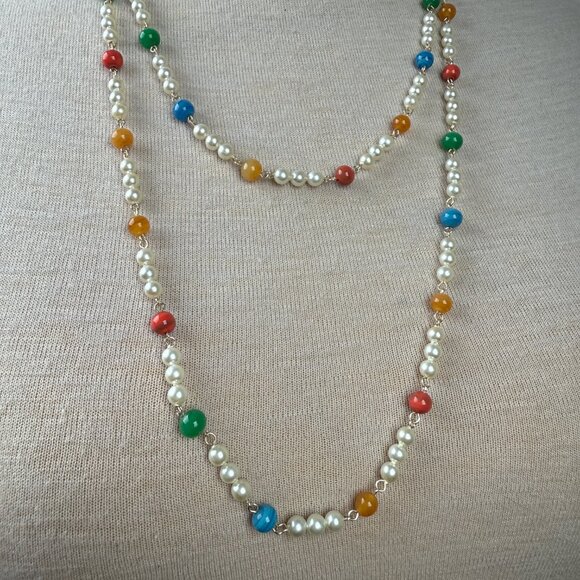 Faux Pearl Link Necklace with Colorful Glass Beads Pullover 58" - Picture 6 of 8